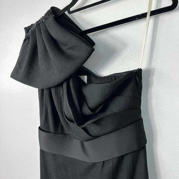 Marchesa Notte Dress One Shoulder Mini Bow Beaded Belted Cocktail LBD Black 4 - Picture 7 of 9
